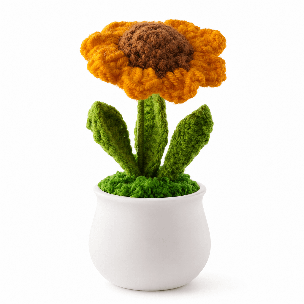 Front view white-background image of Crocheted Sunflower Planter